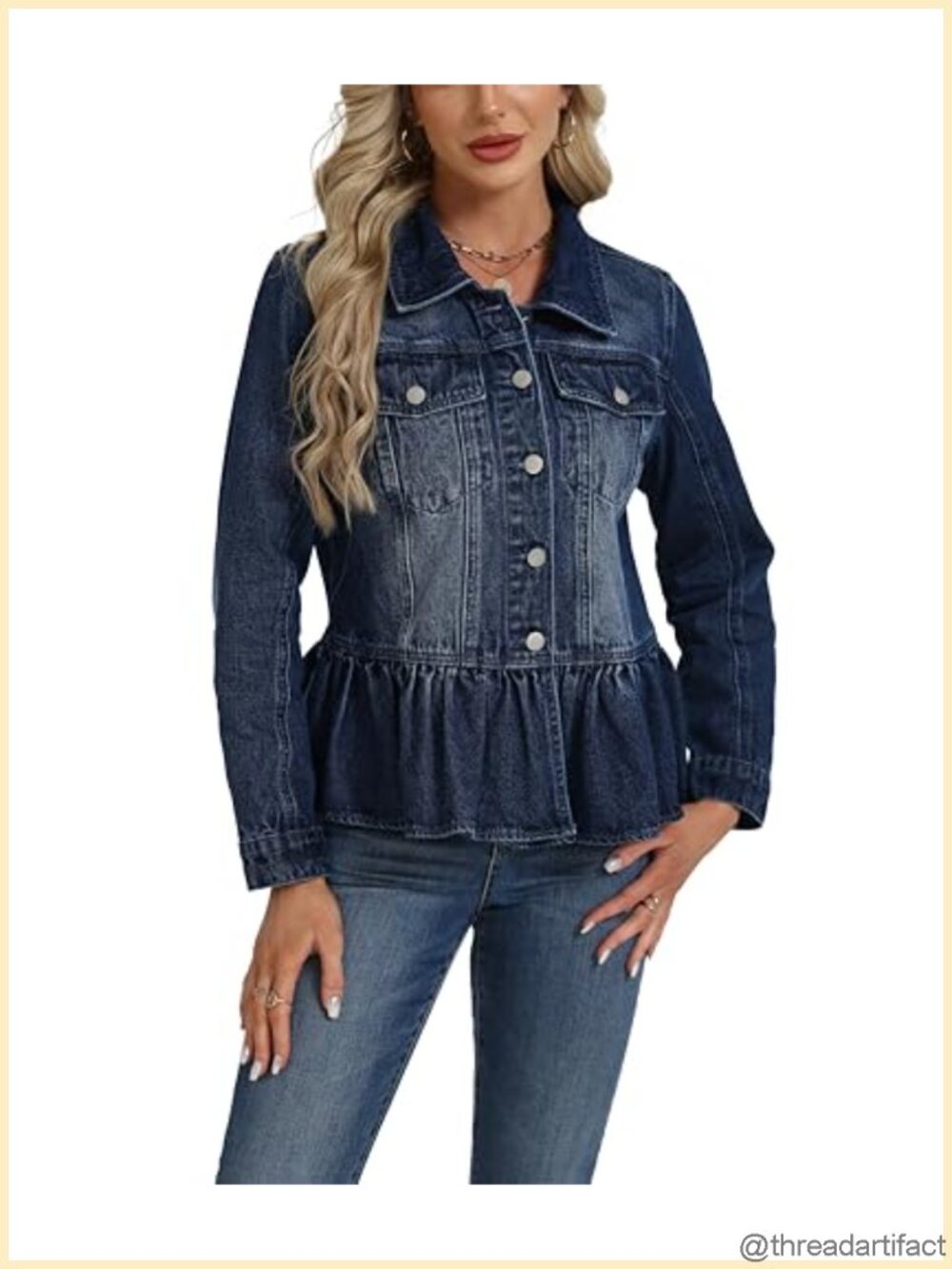 Ruffle Hem Denim Jacket Long Sleeve Peplum Jean Jacket Loose Fit